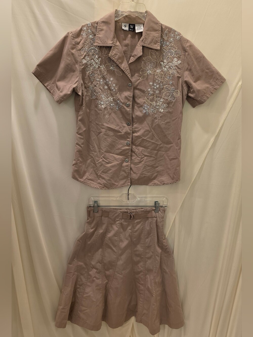 Studio West Skirt Set Small Tan Embroidered Cotton Blend 2 Pc Top Flared Pocket